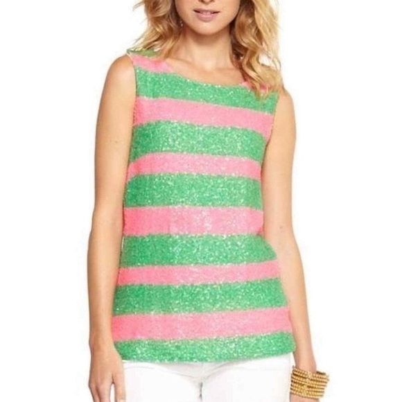 Lilly Pulitzer NWT Regina Top Pink Green Sequin Striped - Picture 1 of 12